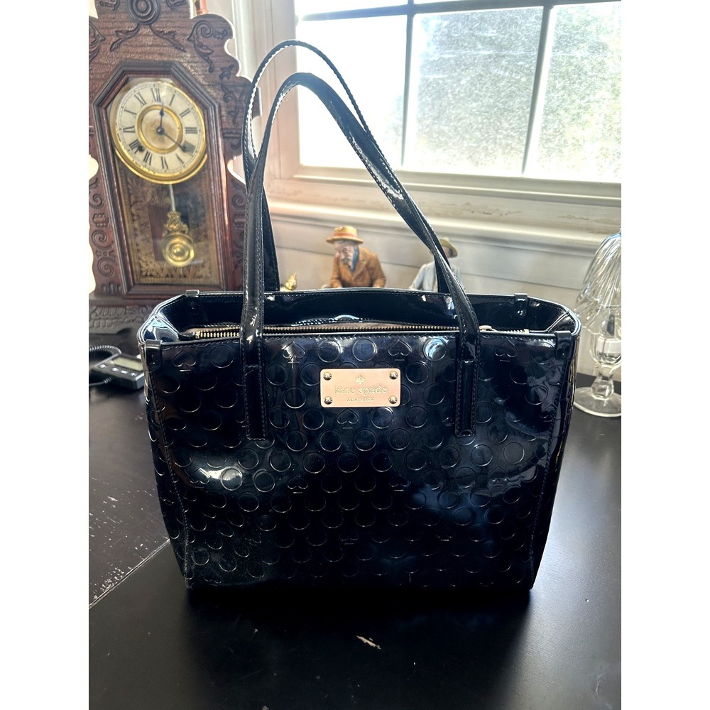 Kate Spade New York Sophie Tote Bag – Black Patent Logo Monogram Shoulder Bag